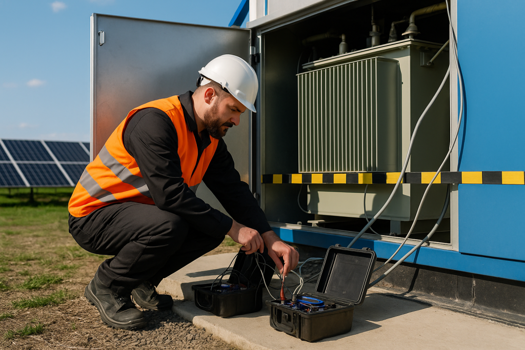 Servicetechniker prüft Transformator im Außeneinsatz – professionelle Diagnose und Wartung