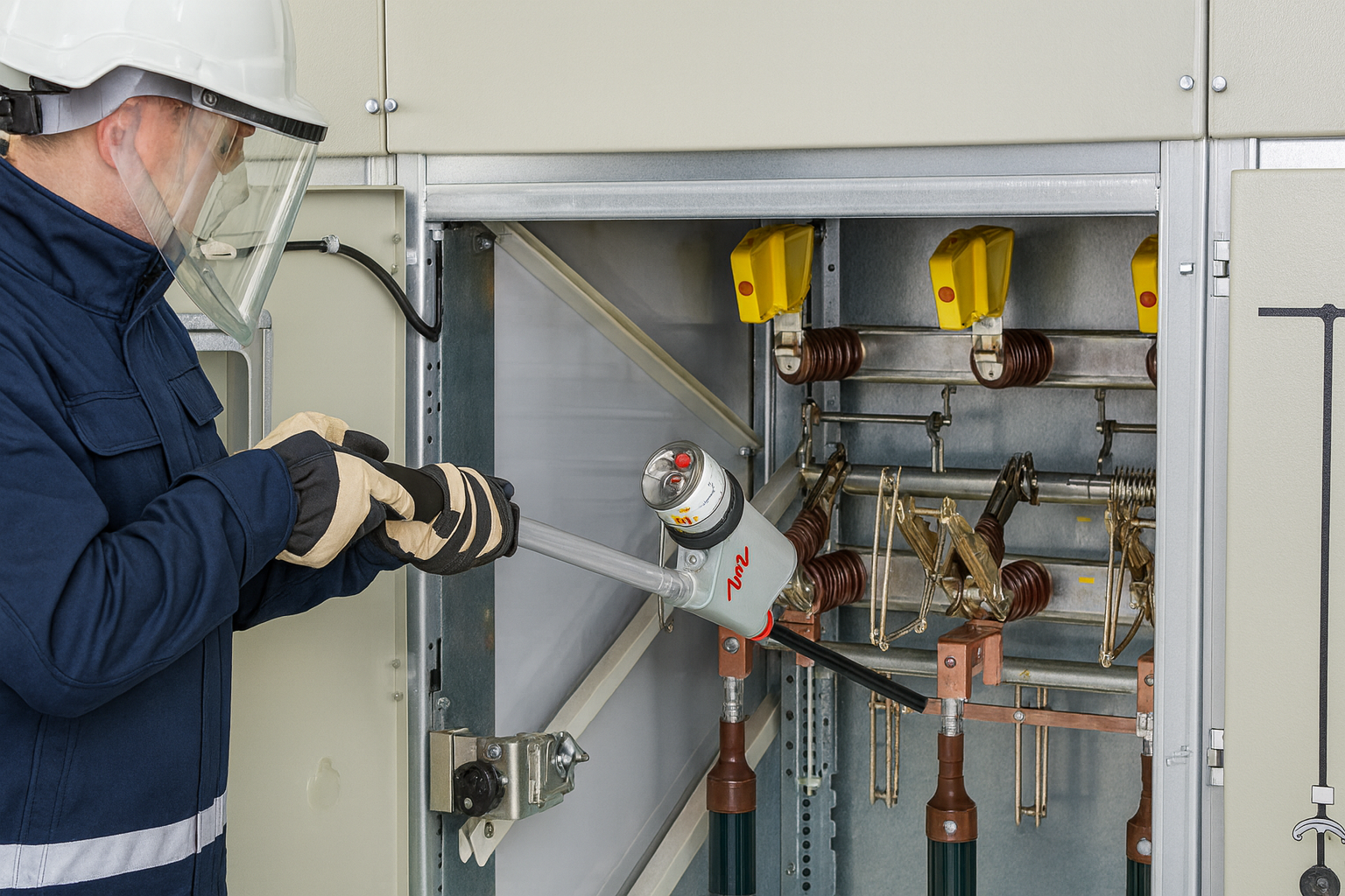 Elektriker bei Wartungsarbeiten an Transformator-Anlage