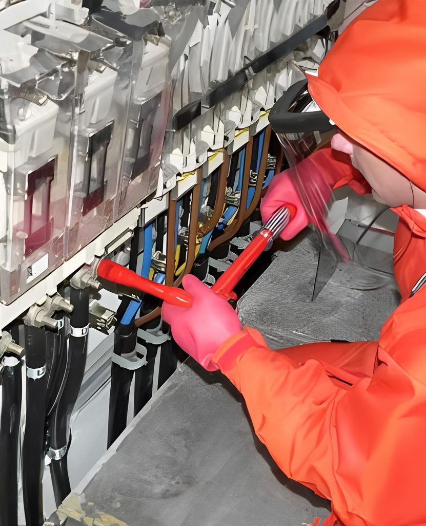 Elektriker bei Wartungsarbeiten an Transformator-Anschlüssen